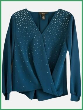 NWT Alfani Embellished Surplice Faux Wrap Long Sleeve Top